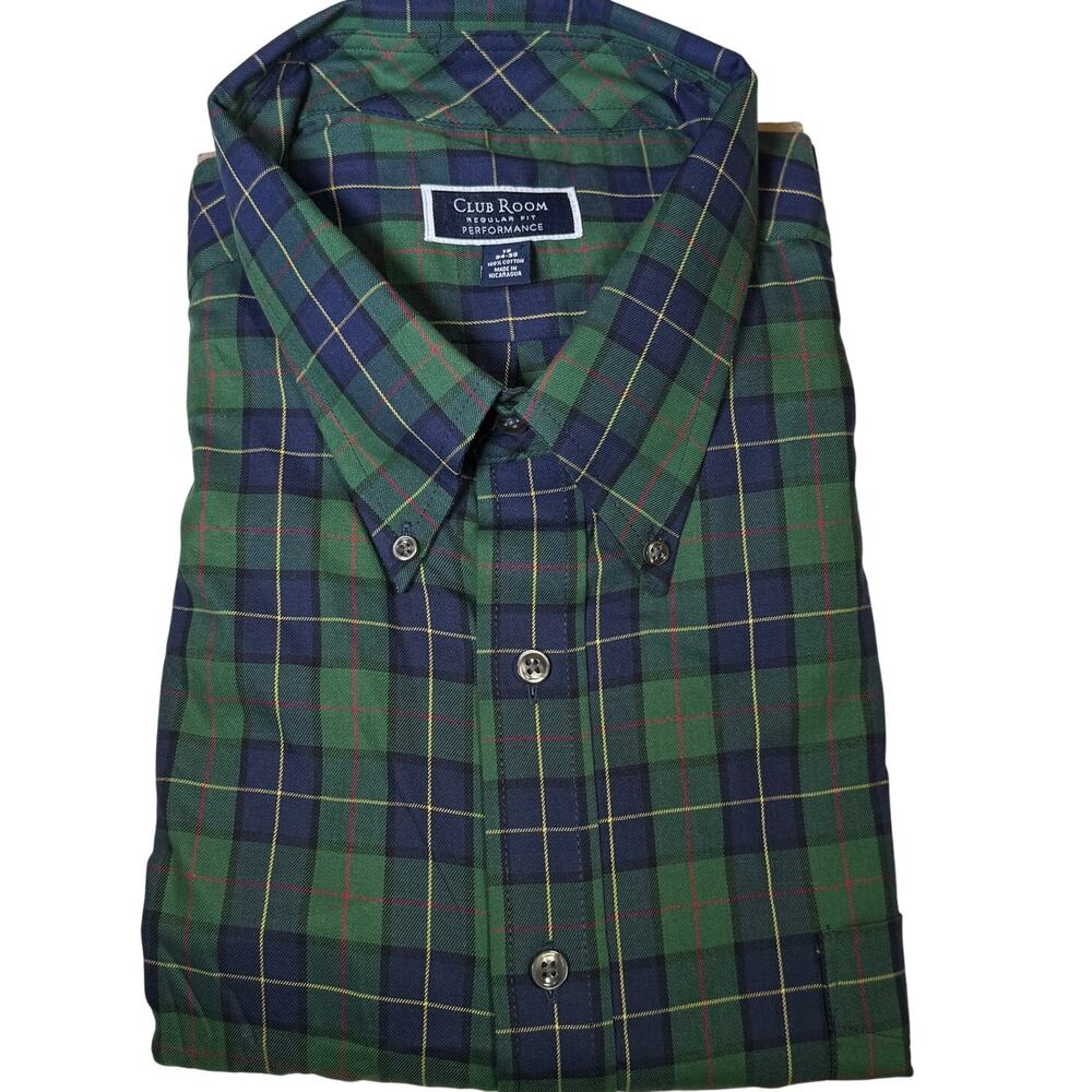 Club Room Men's Regular-Fit Randall Plaid Dress Shirt  Green Navy 19 34/35 $60